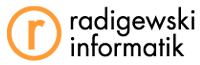 Logo featuring the letter 'r' in orange, accompanied by the text 'radigewski informatik' in black.