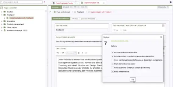 A software interface displaying options for translating website content, including settings for sections and components to include.