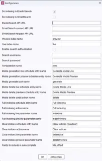 Configuration settings for indexing in Elasticsearch and SmartSearch, including API URLs and scheduling options.