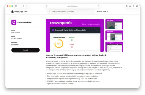 Screenshot of the Shopify App Store listing for Crownpeak DQM, showcasing app details, rating, and features for digital quality and accessibility management.