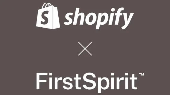 Logos of Shopify and FirstSpirit on a dark background, indicating a partnership or integration between the two platforms.