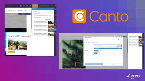 Screenshot of the Canto digital asset management platform displaying image uploads and metadata editing tools.