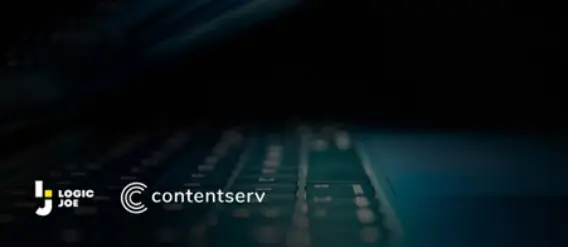 A close-up of a laptop keyboard in dim lighting, featuring the logos of Logic Joe and Contentserv.