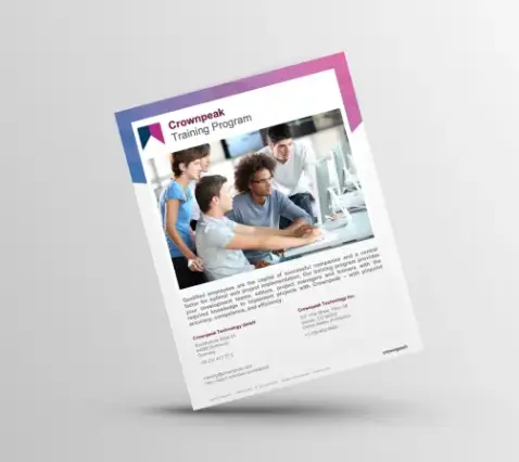 A training program flyer featuring a diverse group of people collaborating at computers, with details about Crownpeak's offerings.