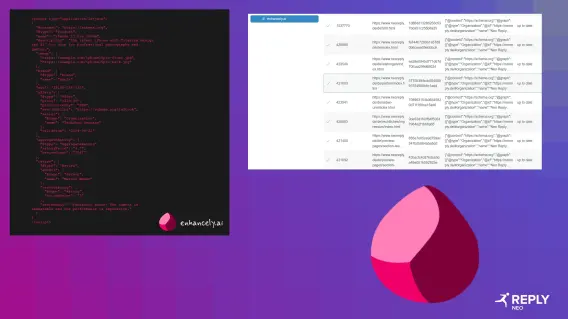A dark screen displays JSON code for a phone model and a table with URL links, alongside a stylized pink droplet logo.
