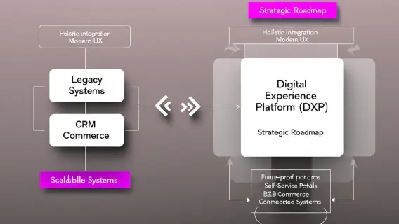 Diagram illustrating the integration of legacy systems and CRM commerce into a Digital Experience Platform (DXP) with a strategic roadmap.