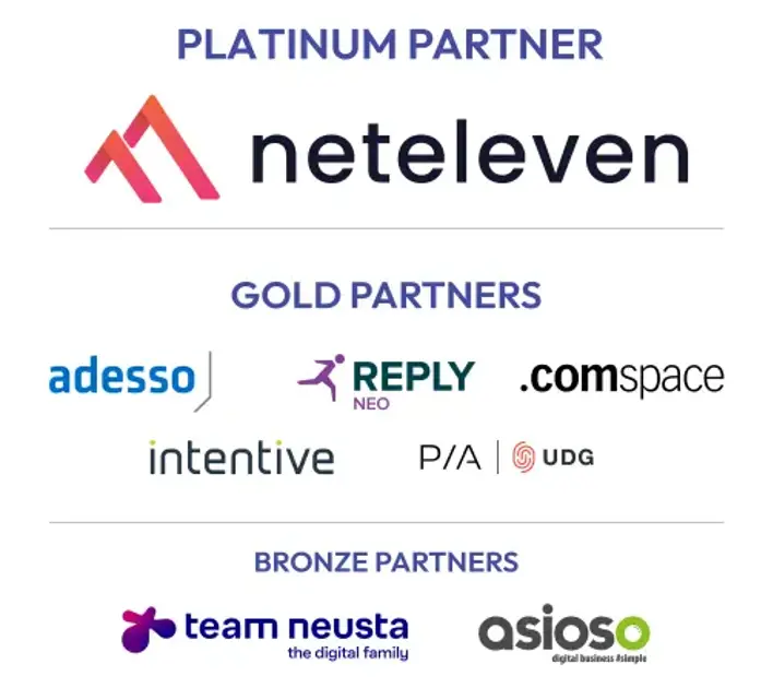Logos of partners categorized as Platinum, Gold, and Bronze, with 'neteleven' as the Platinum partner and others listed below.