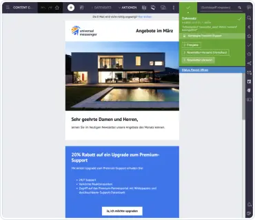 A newsletter preview features a modern house at night, promoting premium support upgrades with a 20% discount offer.