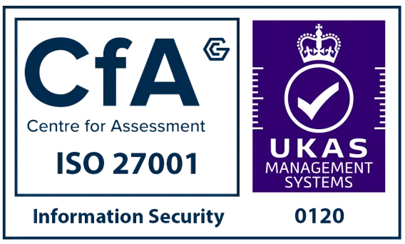 Logo for the Centre for Assessment (CfA) indicating ISO 27001 certification in Information Security, alongside the UKAS Management Systems logo.