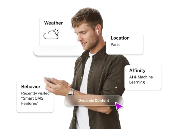 A man in a dark shirt uses a smartphone, with data insights displayed about weather, location (Paris), and user behavior.