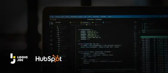 A dark screen displaying code, featuring logos for Logic Joe and HubSpot on the left, suggesting a focus on programming or web development.
