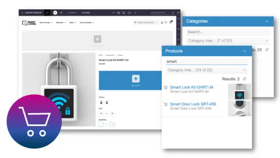 A digital interface displaying a smart lock product, with options for categories and product listings on an e-commerce platform.