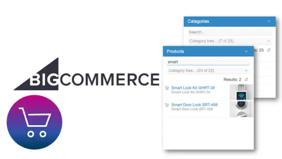 BigCommerce logo with a shopping cart icon, displaying a product search for smart locks, showing two results.