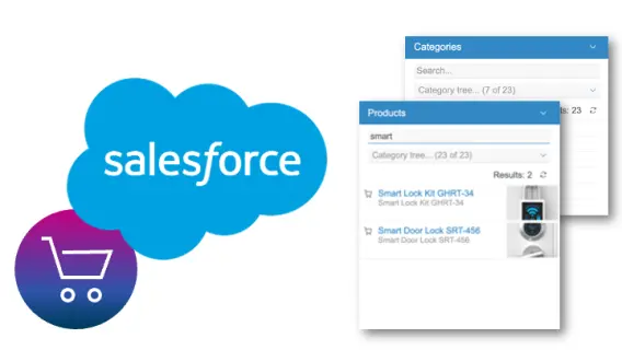 Salesforce logo with a shopping cart icon, displaying a product search for smart locks and related items.