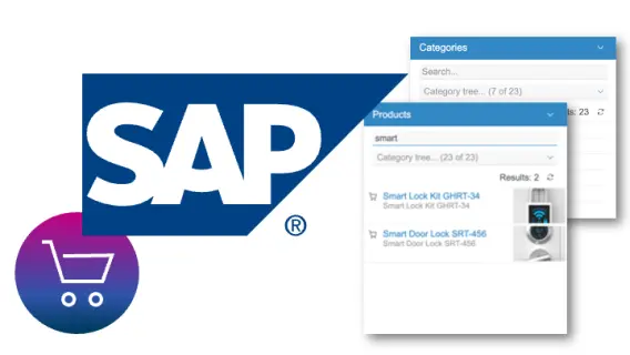 SAP logo with a shopping cart icon, displaying a product search interface for smart locks, listing two products.