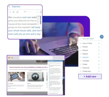 A person types on a laptop, with text editing tools and a website about smart living solutions displayed on the screen.