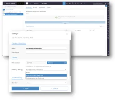 A settings interface for a marketing bundle, showing deployment status, name, description fields, and options for release state and bundling strategy.