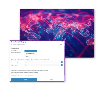 A digital interface for selecting translation languages, overlaid on a vibrant world map with network connections.
