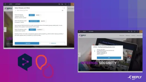 A user interface displaying options to select glossary and mode for language updates, with fields for creating or deleting glossaries.