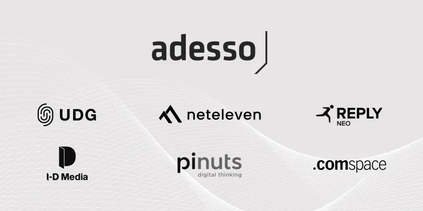 Logos of various companies including adesso, UDG, neteleven, I-D Media, pinuts, Reply NEO, and comspace on a light gray background.