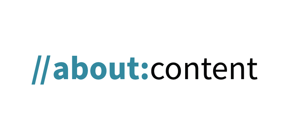 Logo featuring the text '//about:content' with a mix of teal and black colors, suggesting a focus on digital content.