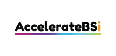 Logo of 'AccelerateBSi' featuring bold text with a gradient line beneath it, transitioning from purple to blue and green.