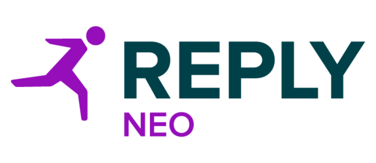A logo featuring a stylized running figure in purple, with the text 'REPLY NEO' in green and purple.