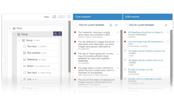 A user interface displaying a form structure on the left and code analysis suggestions on the right, focusing on accessibility and SEO.