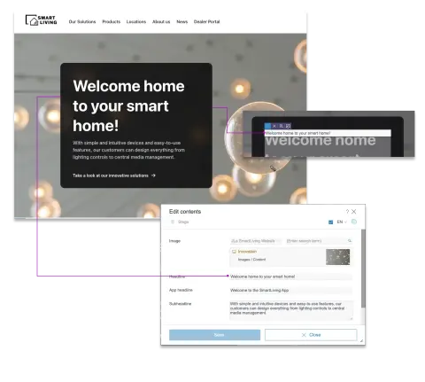 A website interface showcasing a 'Welcome home to your smart home!' message with options for editing content and features.