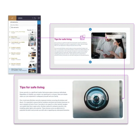 A digital interface displays tips for home security, featuring a camera image and advice on securing windows and doors.