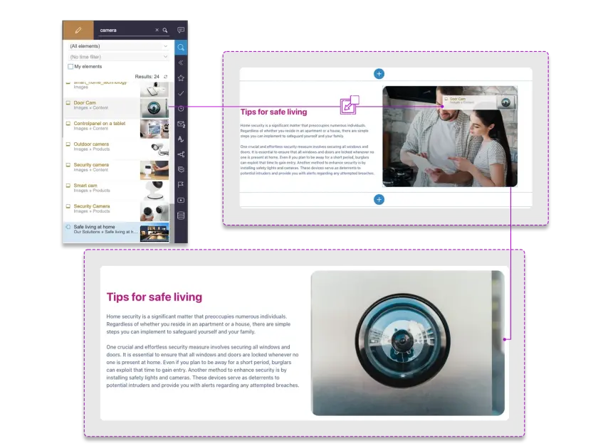A digital interface displays tips for home security, featuring a camera image and advice on securing windows and doors.