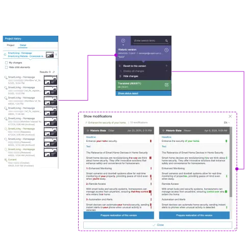 A project management interface displaying project history, modifications, and version comparison for smart home security content.