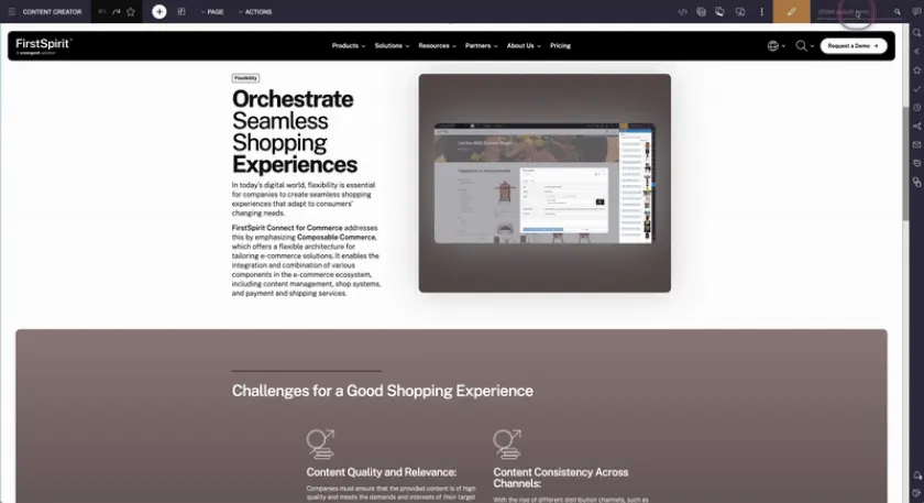 A webpage from FirstSpirit highlights seamless shopping experiences, featuring solutions for e-commerce and challenges in content quality and consistency.
