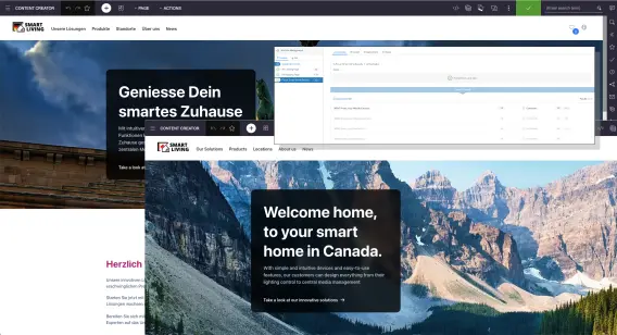 A website interface featuring smart home solutions, with scenic mountain imagery and text welcoming users to smart living in Canada.