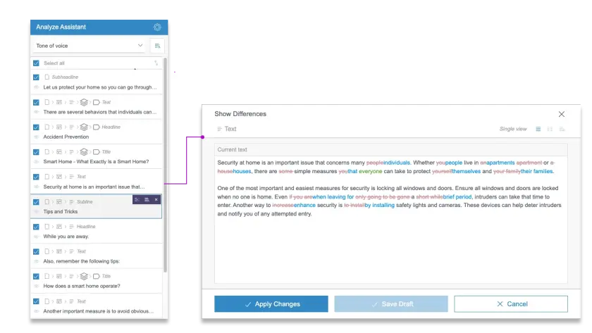 A user interface displays text analysis tools, focusing on home security tips and editing options for content adjustments.