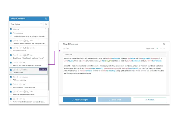 A user interface displays text analysis tools, focusing on home security tips and editing options for content adjustments.