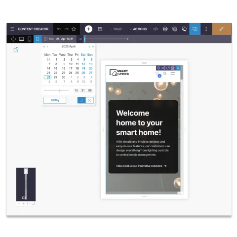 A digital design interface displays a welcome message for a smart home service, featuring a calendar and design tools.