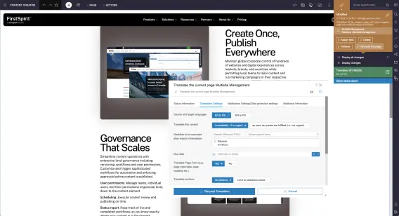 A webpage interface showing translation settings for 'Multi-Channel Management' with options for source and target languages.