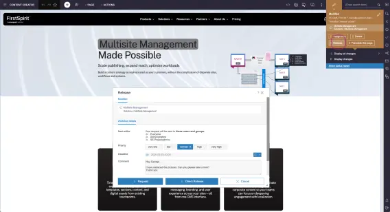 A webpage interface for FirstSpirit showing a release request form for multisite management, with options for priority and deadline.