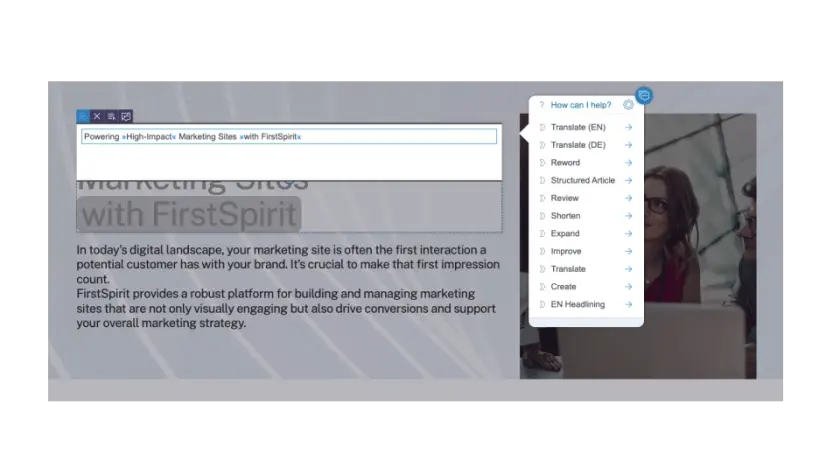 A digital interface displaying 'Powering High-Impact Marketing Sites with FirstSpirit' and options for text assistance and translation.