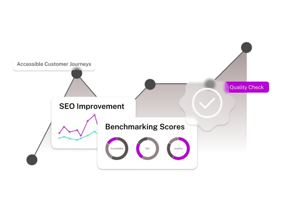 Graphs and charts illustrate SEO improvement, benchmarking scores, and a quality check for accessible customer journeys.