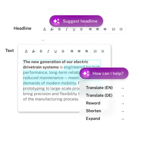 Text editing interface displaying a highlighted paragraph about electric drivetrain systems, with options for translation and text modification.