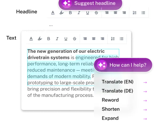 Text editing interface displaying a highlighted paragraph about electric drivetrain systems, with options for translation and text modification.