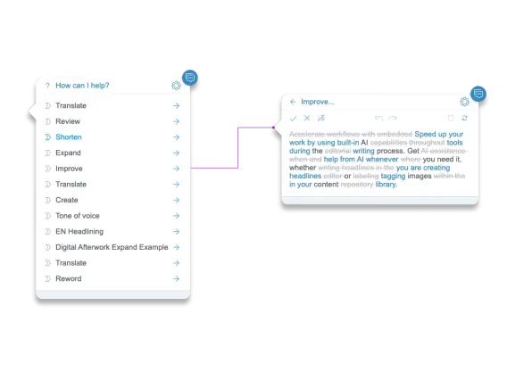 A user interface displaying options for text editing tasks like translating, shortening, and improving content, with a focus on AI assistance.