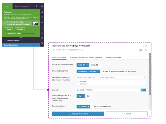 A user interface showing translation settings for a webpage, including source/target languages, urgency, and due date options.