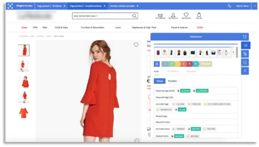 A woman models a red dress with bell sleeves and a back cutout, displayed on an online shopping interface with product details.