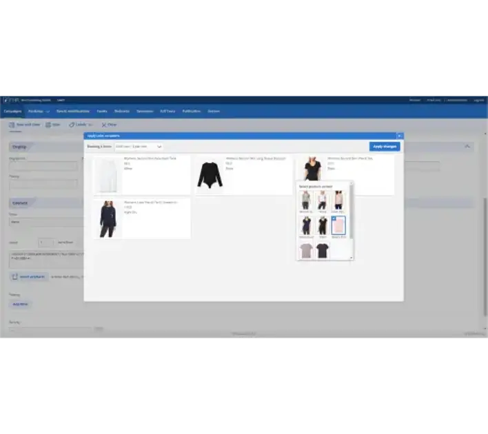 A user interface displaying clothing items for selection, featuring images of various tops and a filter option on the left.