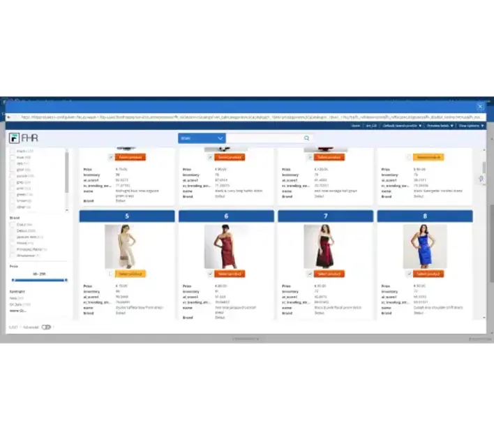 A webpage displaying various dresses for sale, featuring images, prices, and details for each item in a grid layout.