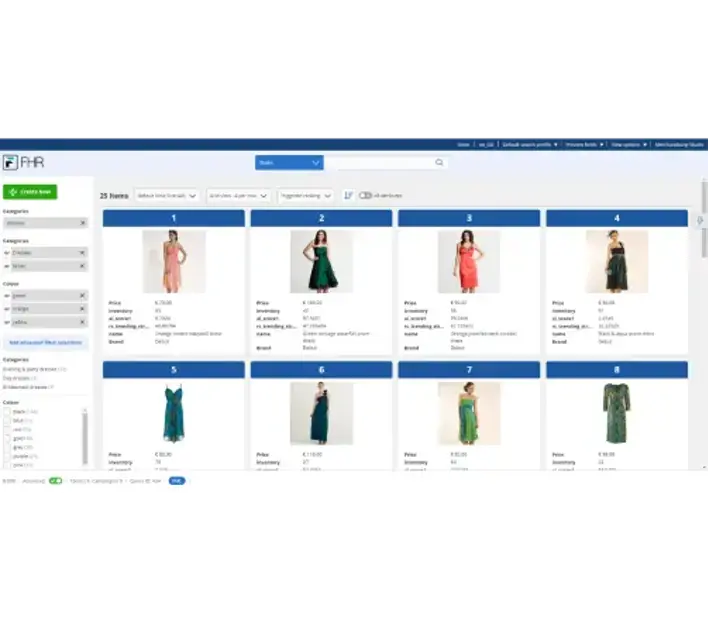 A grid of eight women's dresses for sale, displaying prices, colors, and styles, with a search bar and category filters on the left.
