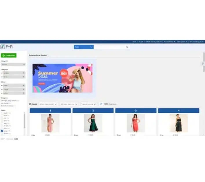 A webpage displaying a summer sale banner with 50% off, featuring four dress options below, each with prices listed.